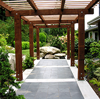 Magnolia arbor walkway view to fountain
