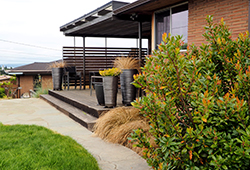 The patio and plants in back compliment the deck and dining area.